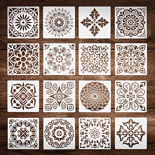 Plantillas de Mandala, ZWOOS 16 Piezas Reutilizable Plantillas de Mandala Pintura Conjunto De Plantillas Decorativa,Plantilla de Pintura para Pintar Scrapbook Arte De Pared (Blanco15x15cm)