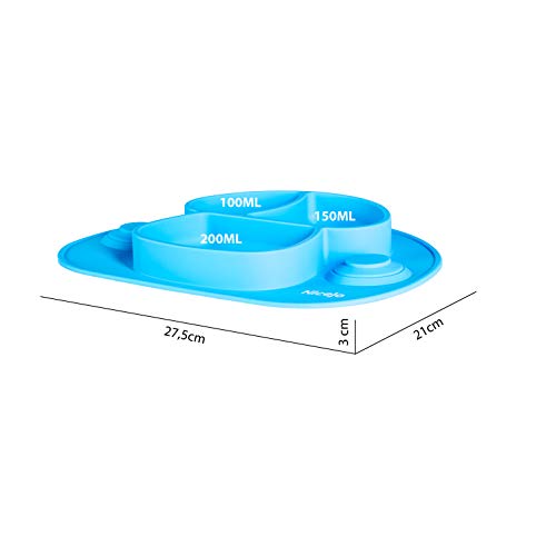 Plato Bebé Con Ventosa - Vajilla de Silicona Alimentaria - Mantel Antideslizante Para Trona - 3 Compartimentos Papilla – Niños 6-18 Meses – Apto Para Lavavajillas Y Microondas (Azul)