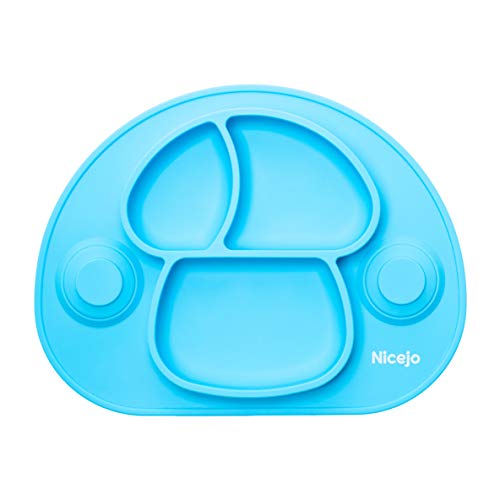 Plato Bebé Con Ventosa - Vajilla de Silicona Alimentaria - Mantel Antideslizante Para Trona - 3 Compartimentos Papilla – Niños 6-18 Meses – Apto Para Lavavajillas Y Microondas (Azul)