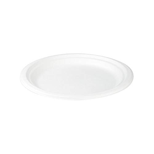 Plato de Color Blanco, caña de azúcar o bagazo, 100% Biodegradable y Completamente compostable. Ideal para Fiestas Eventos Bodas Picnic barbacoas Catering. (Platos 22 cm. 50 Unidades)