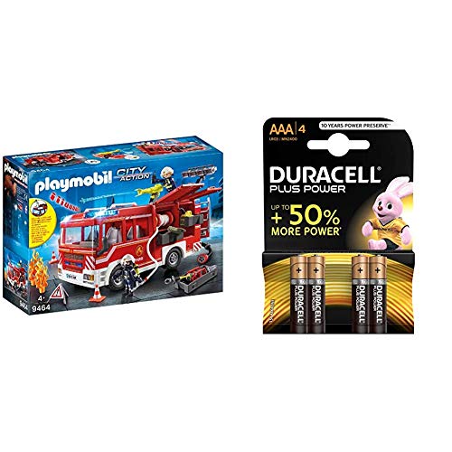 PLAYMOBIL City Action Camión de Bomberos con Luces y Sonido, a Partir de 4 Años (9464) + Duracell, Plus AAA, Pilas Alcalinas (Paquete de 4) 1,5 Voltios LR03 MN2400