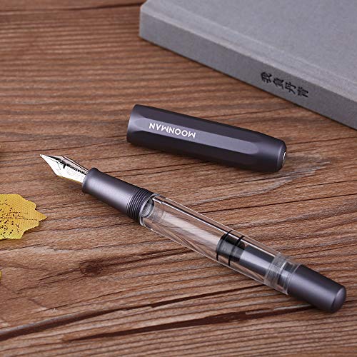 Pluma estilográfica Moonman T1 Piston de gran capacidad, punta media, tapa de aluminio de color gris, bolígrafo de tinta acrílica transparente con bolsa para bolígrafos