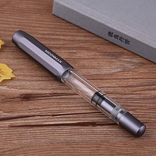 Pluma estilográfica Moonman T1 Piston de gran capacidad, punta media, tapa de aluminio de color gris, bolígrafo de tinta acrílica transparente con bolsa para bolígrafos