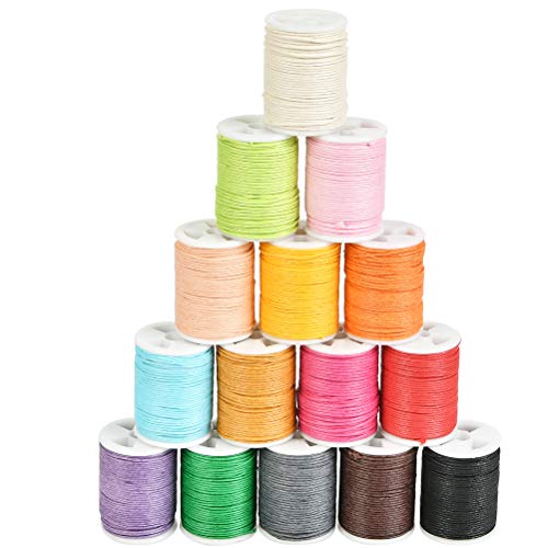 POKIENE Rollos de Cordón Encerado 15pcs, Cordón Encerado de Algodón 1MM, Alambre para Artesanía de Bricolaje, Hacer Joyas Collar de Pulsera -15 Diferentes Colores Longitud 10M de Cada Uno