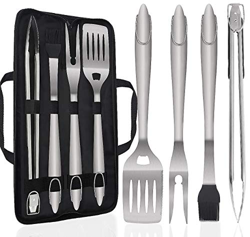 POLIGO 5 Piezas Set Barbacoa Utensilios Parrilla Barbacoa con Estuche para Acampar - Prima Extra Grueso Acero Inoxidable Set Barbacoa Accesorios cumpleaños Navidad papá Hombres