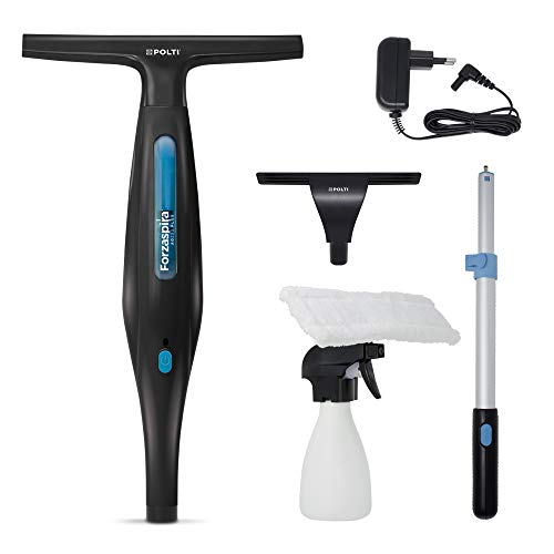 Polti Forzaspira AG220 Plus Limpiacristales sin cables, recargable, batería de iones de litio de 3,6 Volt, 30 minutos de autonomía, mango extensible, botella spray con paño de microfibra, Negro