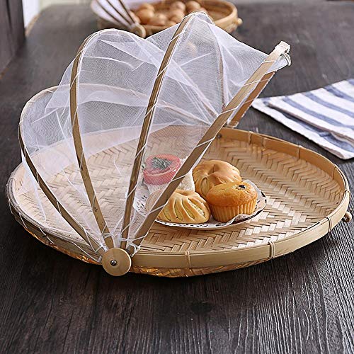 popchilli Cesta de Pan Cesta de Picnic con Gasa Frutero con protección contra Moscas Cubierta de la Cubierta de Insectos Cesta Tejida a Mano Frutero con Cesta Bambú Trenzado Decorativo y Fitting