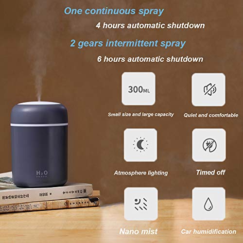 Portátil Humidificador, Mini Humidificadores Ultra Silencioso 300mL Niebla Ajustable Función Apagado Automático, alimentación USB 7-Color LED, para Hogar, Oficina, Yoga etc