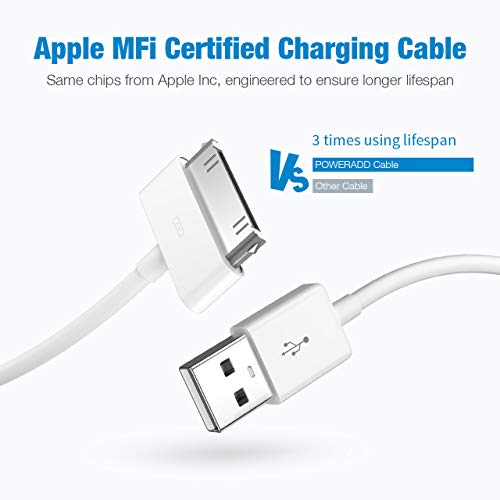 POWERADD - Cable de Datos 30-Pin USB Carga, Cargador Apple MFi Certificado para iPhone 4, iPad 1/2/3 y iPod Carga Rápida, Ligero y Portátil, Blanco