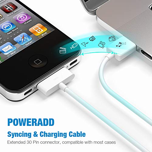 POWERADD - Cable de Datos 30-Pin USB Carga, Cargador Apple MFi Certificado para iPhone 4, iPad 1/2/3 y iPod Carga Rápida, Ligero y Portátil, Blanco