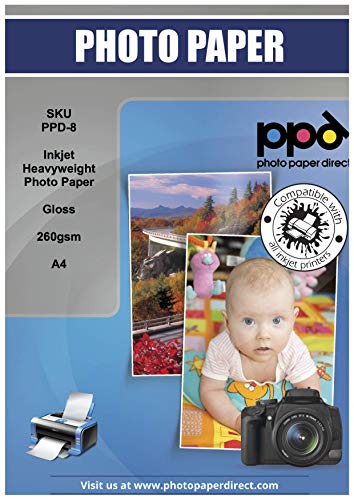 PPD A4 Papel Fotográfico Brillante (260 g/m2, 50 Hojas, Inkjet) - PPD-8-50