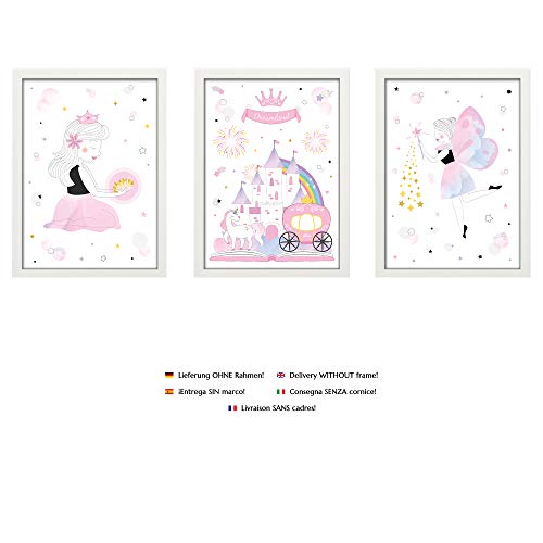 PREMYO Cuadros Infantiles Habitación Niña - Láminas Decorativas para Enmarcar - 3 Póster Princesa Castillo Rosa A4