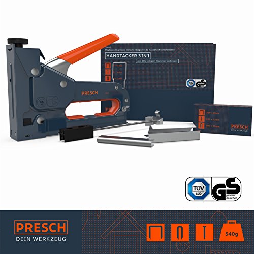 Presch juego de grapadora manual ensayo TÜV GS - 600 grapas madera, tela, muebles, cartón asfaltado - profesional