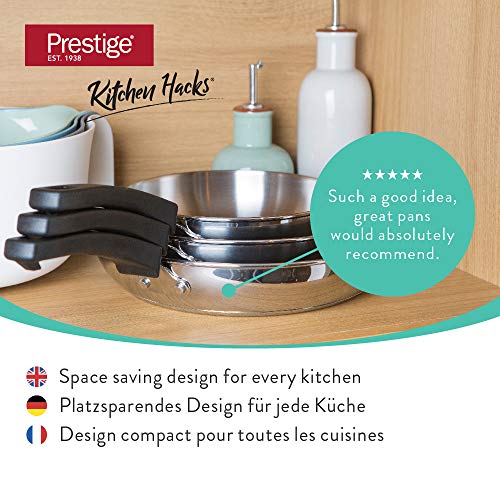 Prestige Kitchen Hacks Juego de 3 sartenes de Acero Inoxidable, Set de sartenes apilables, Juego de sartenes para Todo Tipo de cocinas, Incluidas Las de inducción