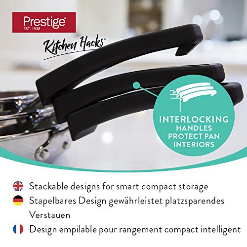 Prestige Kitchen Hacks Juego de 3 sartenes de Acero Inoxidable, Set de sartenes apilables, Juego de sartenes para Todo Tipo de cocinas, Incluidas Las de inducción