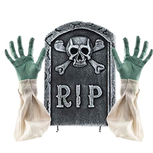 PREXTEX Decoraciones de Cementerio para Halloween escalofriantes 2 en 1 lápida con Manos y Brazos de Zombi