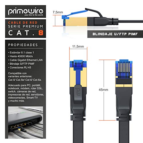 Primewire – 5m Cable de Red Cat 8 Plano - 40 Gbits - Cable Gigabit Ethernet LAN 40000 Mbits con Conector RJ 45 - Revestido de PVC - Blindaje U FTP Pimf - Compatible Switch Rúter Modem PC Smart-TV