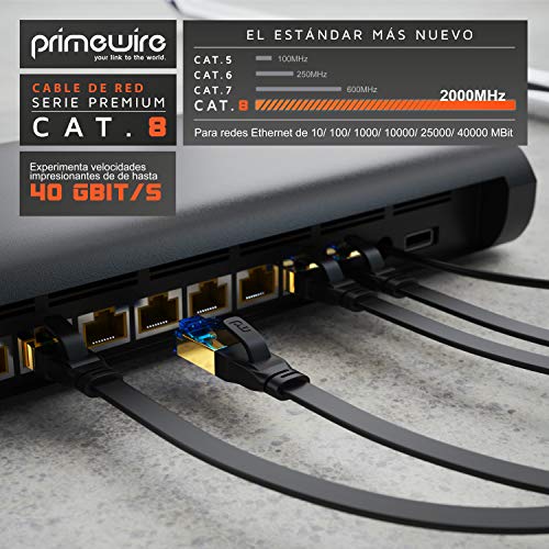 Primewire – 5m Cable de Red Cat 8 Plano - 40 Gbits - Cable Gigabit Ethernet LAN 40000 Mbits con Conector RJ 45 - Revestido de PVC - Blindaje U FTP Pimf - Compatible Switch Rúter Modem PC Smart-TV