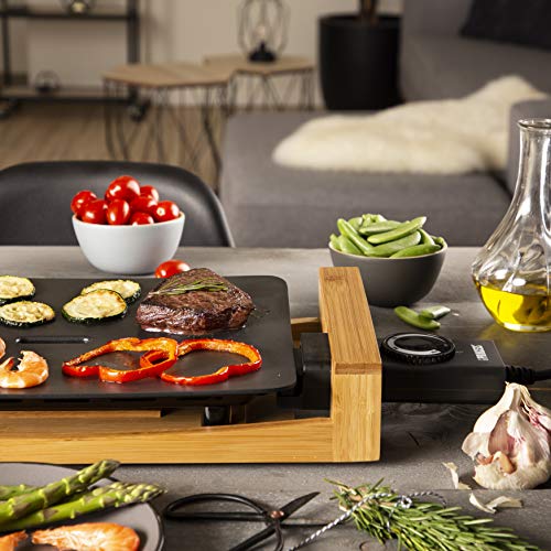 Princess 103010 Table Chef Pure Compacta – Plancha adecuada para 2 Personas, 1600 W, 33 x 25 cm, Negro y bambu