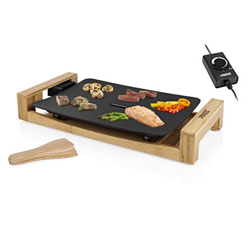 Princess 103010 Table Chef Pure Compacta – Plancha adecuada para 2 Personas, 1600 W, 33 x 25 cm, Negro y bambu