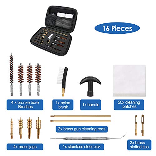 ProCase Kit de Limpieza de Pistola Universal para Pistola de Calibre de 9 mm 22 40 45 357 38, Bolsa de Rango Portátil Compacta con Latón, Puntas, Cepillo, Varillas y Selección de Limpieza de Pistola