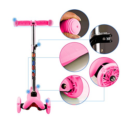 Profun Patinete 3 Ruedas Patinete Niños con Luces Patinete Infantil Altura del Manillar Ajustable Patinete Niña con Freno Patinete Scooter Ideal para Niños de 3-10 Años (Menores de 1,2 Metros) (Rosa)