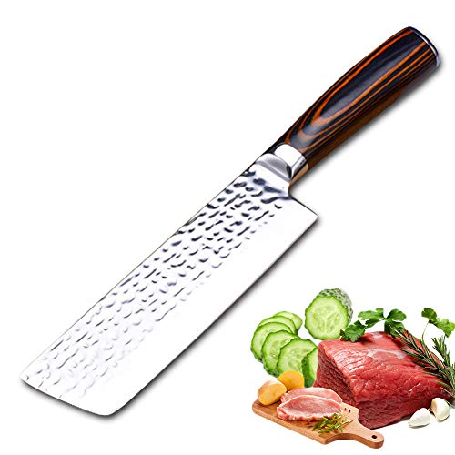 Promithi Nakiri japonés Cuchillo de chef Acero inoxidable de alto carbono Cuchillo de cocina Patrón de Damasco antiadherente Cuchillo para picar Cuchilla para carne Cuchillo para cortar en rodajas 7Cr