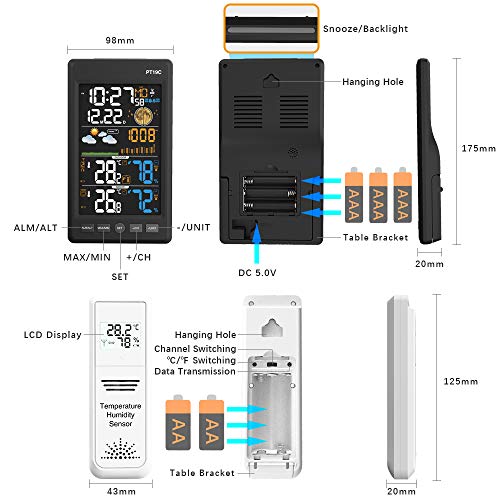 Protmex Estación meteorológica, Inalámbrico Color Forecast Station Despertador con Temperatura, Humedad y barómetro