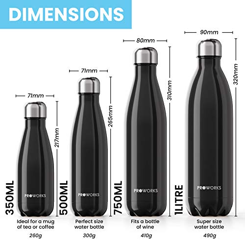 Proworks Botellas de Agua Deportiva de Acero Inoxidable | Cantimplora Termo con Doble Aislamiento para 12 Horas de Bebida Caliente y 24 Horas de Bebida Fría - Libre de BPA - 1L - Negro