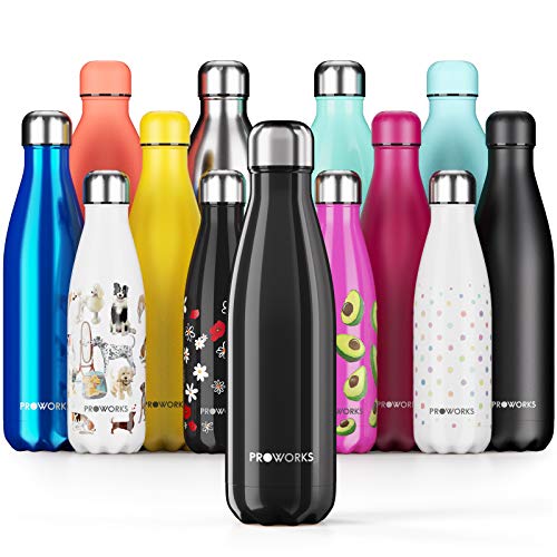 Proworks Botellas de Agua Deportiva de Acero Inoxidable | Cantimplora Termo con Doble Aislamiento para 12 Horas de Bebida Caliente y 24 Horas de Bebida Fría - Libre de BPA - 1L - Negro