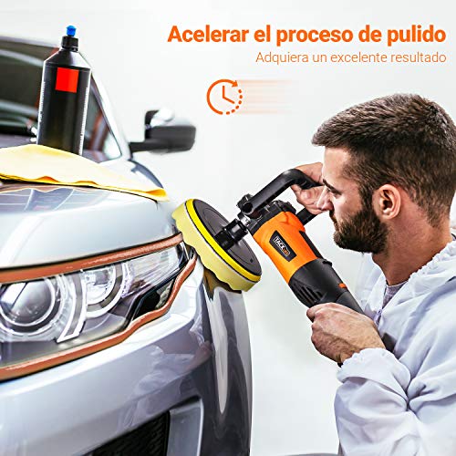 Pulidora Coche, TACKLIFE 1200W Pulidora para Coche Profesional, 6 Velocidad Variables1000-3000RPM, Mango Desmontable, Adecuado para pulir automóviles, barcos, muebles y madera - PPGJ05A