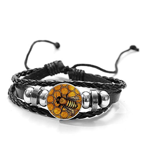 Pulsera retro de abeja de abeja de abeja hecha a mano de insectos reina abeja patrón de colmena de cristal impreso 3D botón pulsera de cuero