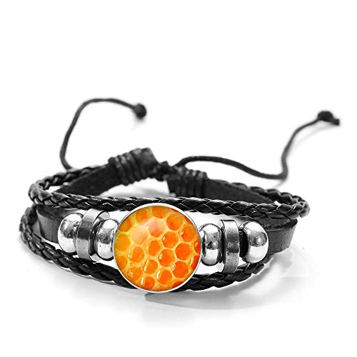 Pulsera retro de abeja de abeja de abeja hecha a mano de insectos reina abeja patrón de colmena de cristal impreso 3D botón pulsera de cuero