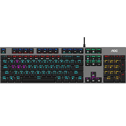 PURATEN Teclado con cable, 104 teclas de metal RGB retroiluminado, teclado para juegos, sensación mecánica, USB con cable, teclado para juegos con luz para trabajar o jugar, No cero., 3, Tamaño libre