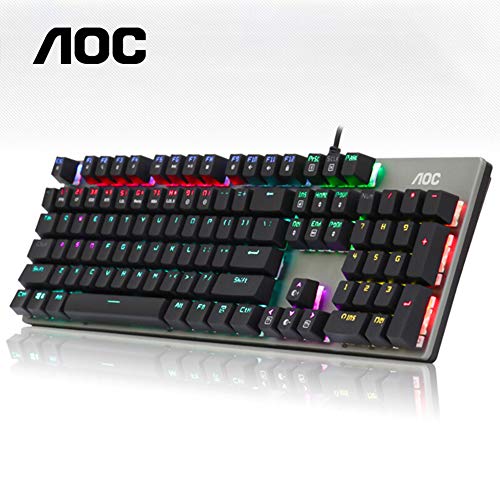 PURATEN Teclado con cable, 104 teclas de metal RGB retroiluminado, teclado para juegos, sensación mecánica, USB con cable, teclado para juegos con luz para trabajar o jugar, No cero., 3, Tamaño libre