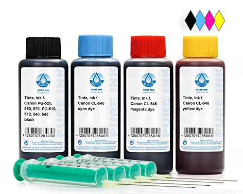 PureInk 4X 100 ml de Tinta de Recambio, Tinta de Impresora Compatible con los Cartuchos de Impresora en Color Canon PG-545 Negro PG-545XL Negro CL-546XL, Canon Pixma IP 2850, MG 2450, 2455, 2550