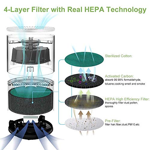 Purificador de Aire Alergia con Filtro HEPA y Carbón Activado, con Filtración de 4 Capas y Función de Temporizador,Aromaterapia, Luz Nocturna y Temporización para Mascotas/Humo/Polvo