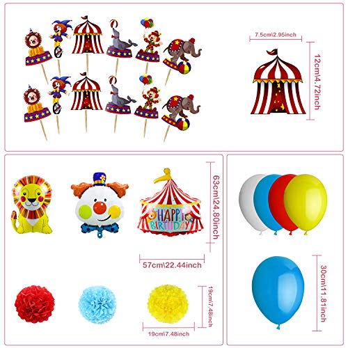 Pushingbest Decoraciones Cumpleaños, Decoración de feliz cumpleaños de circo, Banner, payaso, león, globos de papel de feliz cumpleaños, pompones de papel tisú, globos de látex y adorno de pastel