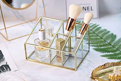 PuTwo Organizador de Maquillaje Vidrio 5 Compartimentos Organizador de Cosméticos Grande Caja Maquillaje Cobre Organizador de Brochas Maquillaje Vintage para Baño Tocador - Oro