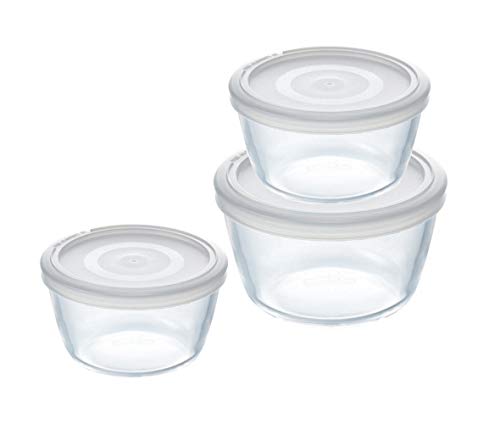 Pyrex - Juego de 3 Cuencos de Cristal para cocinar y congelar con Tapas, 0,6 l, 1,1 l, 1,6 l, Alta Resistencia, para congelar Platos de Horno, Redondos, para Hornear, cocinar y almacenar Platos