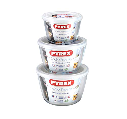 Pyrex - Juego de 3 Cuencos de Cristal para cocinar y congelar con Tapas, 0,6 l, 1,1 l, 1,6 l, Alta Resistencia, para congelar Platos de Horno, Redondos, para Hornear, cocinar y almacenar Platos