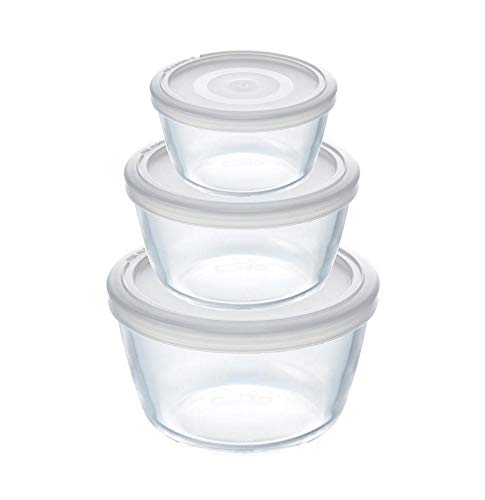 Pyrex - Juego de 3 Cuencos de Cristal para cocinar y congelar con Tapas, 0,6 l, 1,1 l, 1,6 l, Alta Resistencia, para congelar Platos de Horno, Redondos, para Hornear, cocinar y almacenar Platos