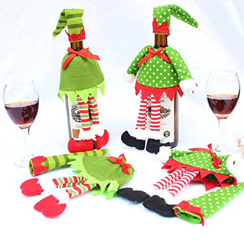 QACFD 3 Juegos de 6 Piezas Bolsas de Tapa de Botella de Vino Tinto a Rayas de Lunares para Fiesta de Navidad Decoración de Botella de Vino Tinto Suministros de decoración navideña