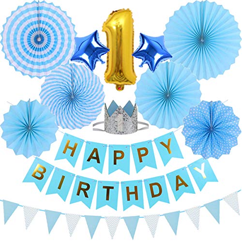 QAQGEAR 14PCS azul papel ventiladores Decoración 6 Banner cumpleaños papel colgante Banner banderín azul Globo número uno Globo estrella azul Corona cumpleaños Azul con bomba globo, pegamento puntos