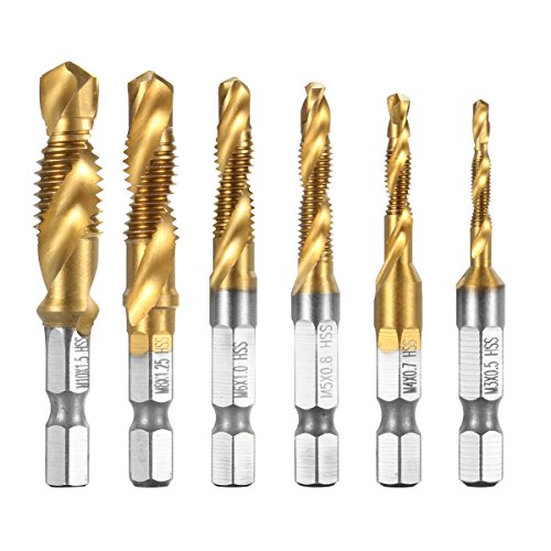 Qibaok 6 piezas brocas para rosca HSS macho de roscar grifo para taladro set de hexagonales drills de vástago Perforación,1/4"Vástago HSS Tornillo Manual, Métrico, Tornillos de Taladro