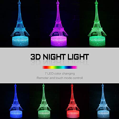 QiLiTd LED Lámpara de Mesa 3D Torre Eiffel con Control Remoto Sensor Tacto, Regulable Lámpara de Noche Atmósfera Modo RGB, Decoracion Cumpleaños, Navidad Regalos de Mujer Bebes Hombre Niños Amigas