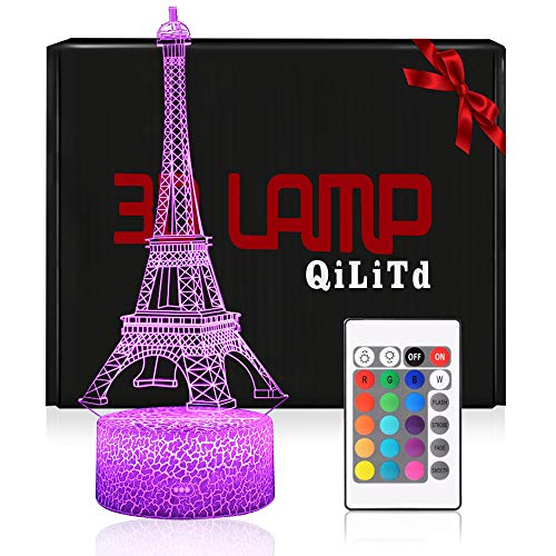 QiLiTd LED Lámpara de Mesa 3D Torre Eiffel con Control Remoto Sensor Tacto, Regulable Lámpara de Noche Atmósfera Modo RGB, Decoracion Cumpleaños, Navidad Regalos de Mujer Bebes Hombre Niños Amigas