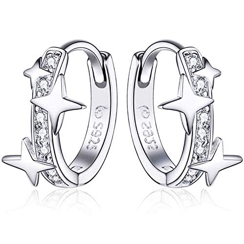 Qings Aros Pendientes,Plata de Ley 925 Mujer Pendientes con Brillante Circonita y Estrellas Joyería de Moda para Mujeres Niñas Regalo de Cumpleaños Navidad San Valentín