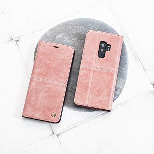 QIOTTI Funda Compatible para Galaxy S9+ y Galaxy S9 Plus Cuero auténtico Italiano con RFID protección Soporte Plegable Ranuras para Tarjetas Cierre magnético (Smart Rose)