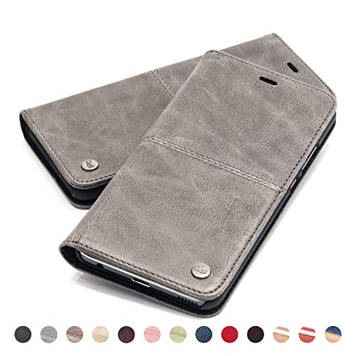 QIOTTI Funda Compatible para iPhone 11 Pro Cuero auténtico Italiano con RFID protección Soporte Plegable Ranuras para Tarjetas Cierre magnético (Smart Grey)